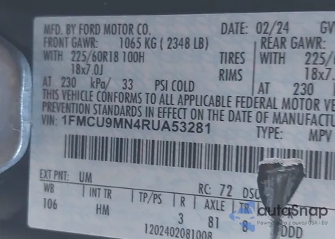 2024 Ford Escape St-Line from USA, damaged, VIN 1FMCU9MN4RUA53281